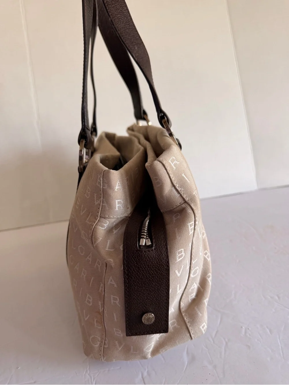 Bulgari Beige Logo Shoulder Bag with Brown Trim and Lilac Interior